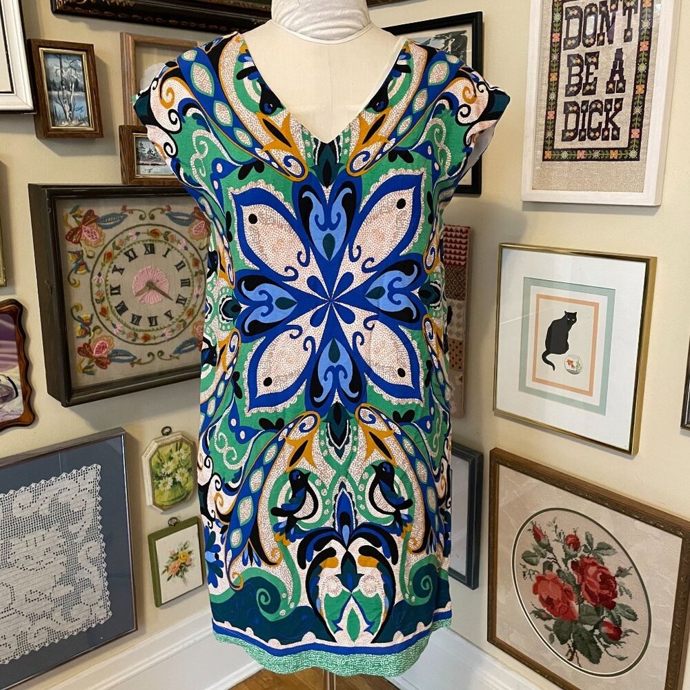Maeve Blue Green Gold Abstract Pattern V-Neck Cap Sleeve Sheath Dress Size XS